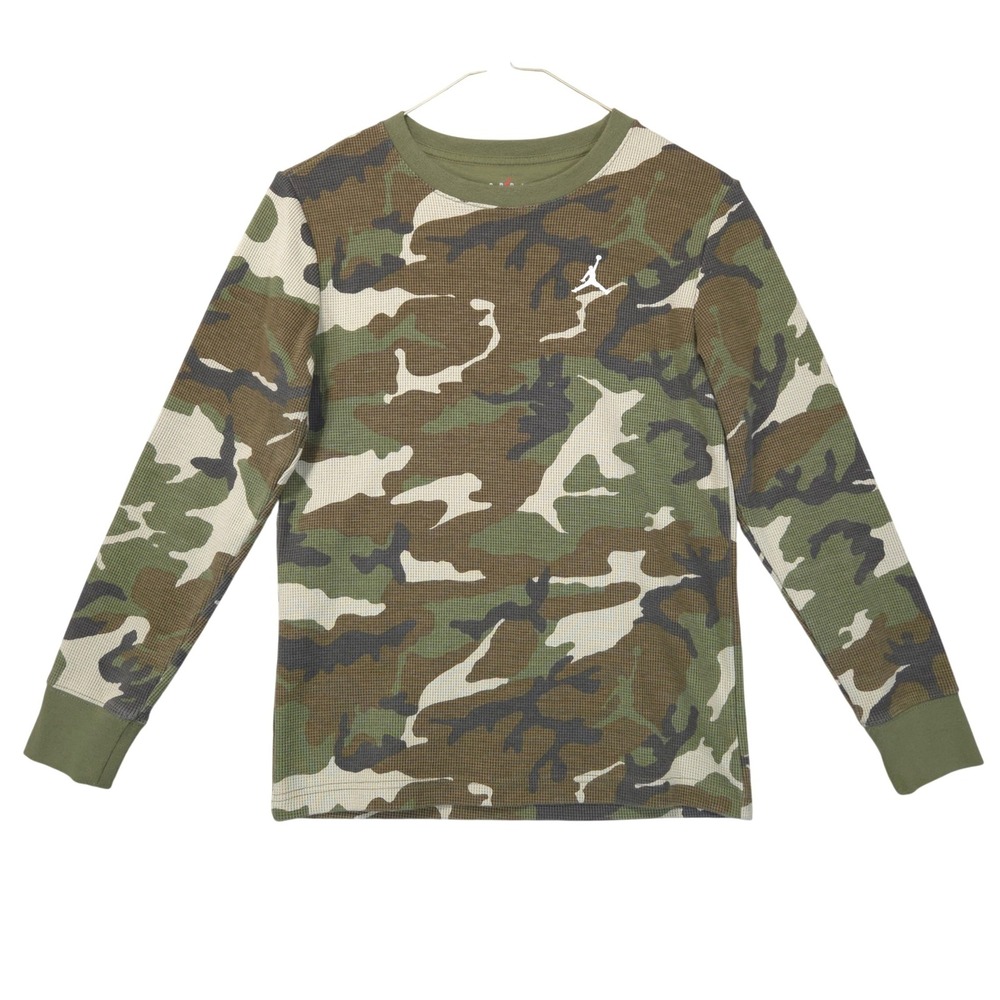 Jordan Boys Camo Waffle Knit Thermal Shirt Sz L 12-13Y Green Brown Long Sleeve